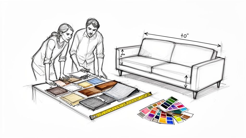 Two people designing furniture, choosing fabric swatches and color palettes with a sofa sketch.