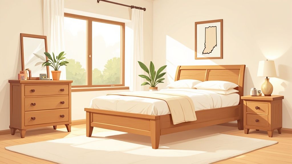 A bright and minimalist bedroom with light wooden furniture, a bed, dresser, and sunlit window.