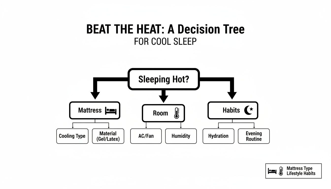 Decision tree illustrating factors for cool sleep: mattress type, room conditions, and lifestyle habits.