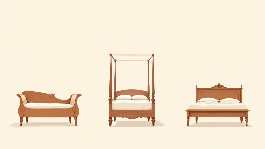 A classic wooden sleigh bed in a well-lit bedroom.