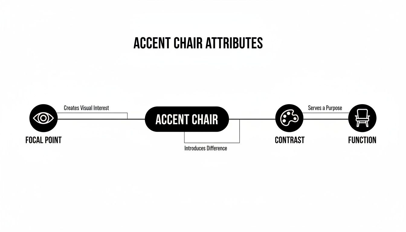 A diagram illustrating accent chair attributes: focal point, contrast, and function, with explanatory text.