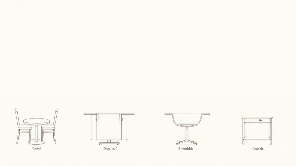Four different types of dining tables: round with chairs, drop leaf, extendable, and console table.