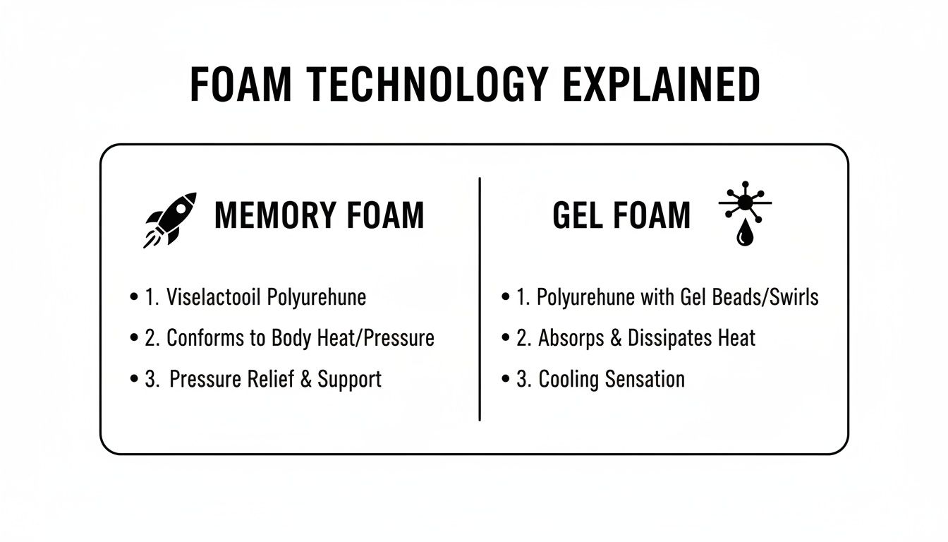 An infographic comparing memory foam and gel foam properties and benefits for mattress technology.