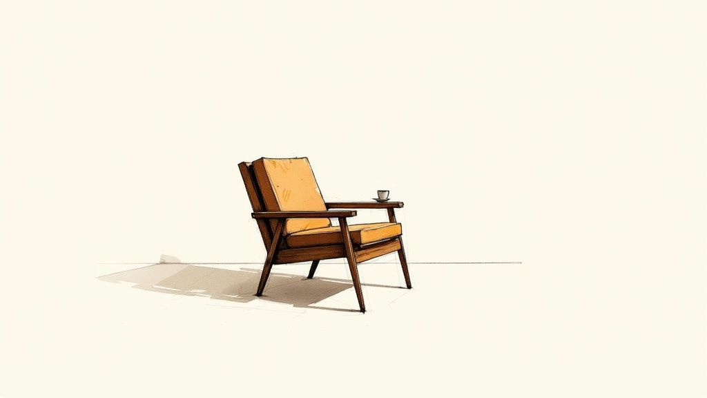 An illustration of a mid-century modern wooden armchair with orange cushions and a cup.