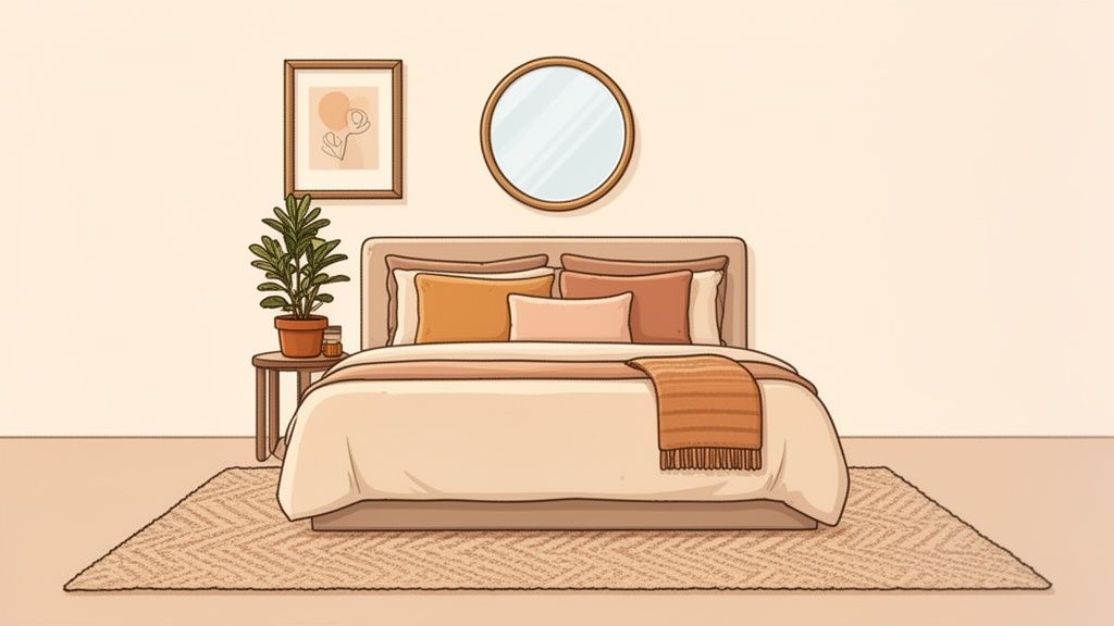 A cozy bedroom features a bed with warm-toned bedding, a plant, a mirror, and framed art.