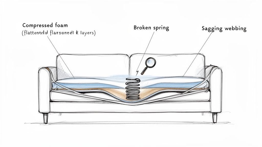 Diagram illustrating common problems within a couch: compressed foam, a broken spring, and sagging webbing.