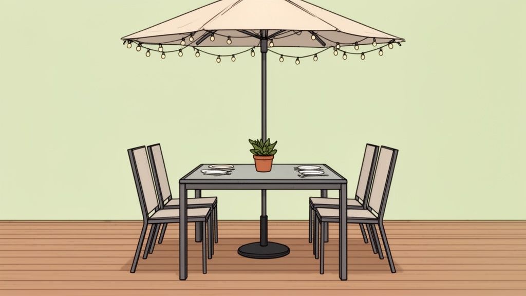 A modern outdoor dining area on a wooden deck with a table, chairs, umbrella, and festive string lights.
