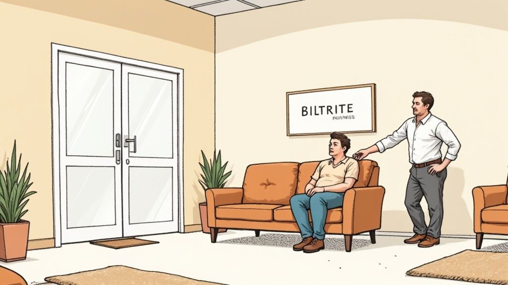 Two people sitting on orange leather couch in modern office waiting room with Biltrite sign