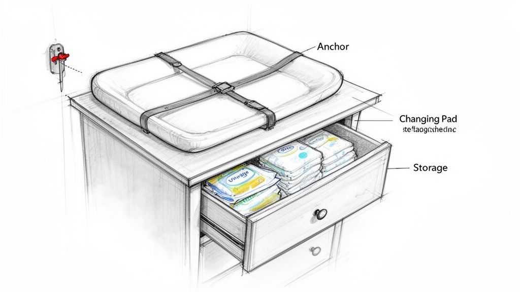 A detailed sketch of a baby changing table with a pad, anchor, and open drawer showing diapers and wipes.