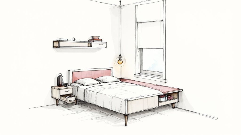 Floating nightstands and slim cabinets create a clean, uncluttered look in a small bedroom.