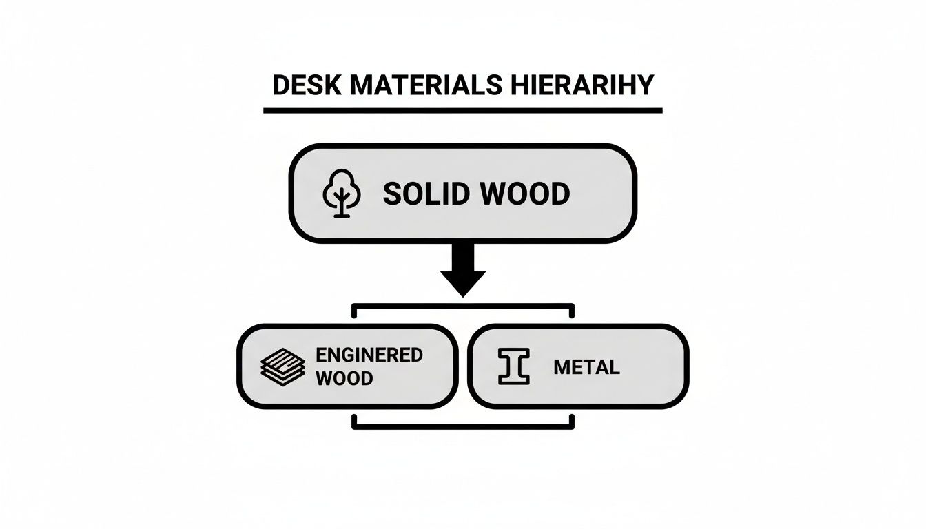 A hierarchy diagram showing solid wood, engineered wood, and metal as desk materials.