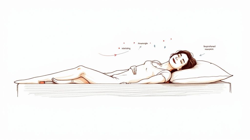 A person sleeping comfortably on their side on a high-quality mattress, with a serene bedroom background.