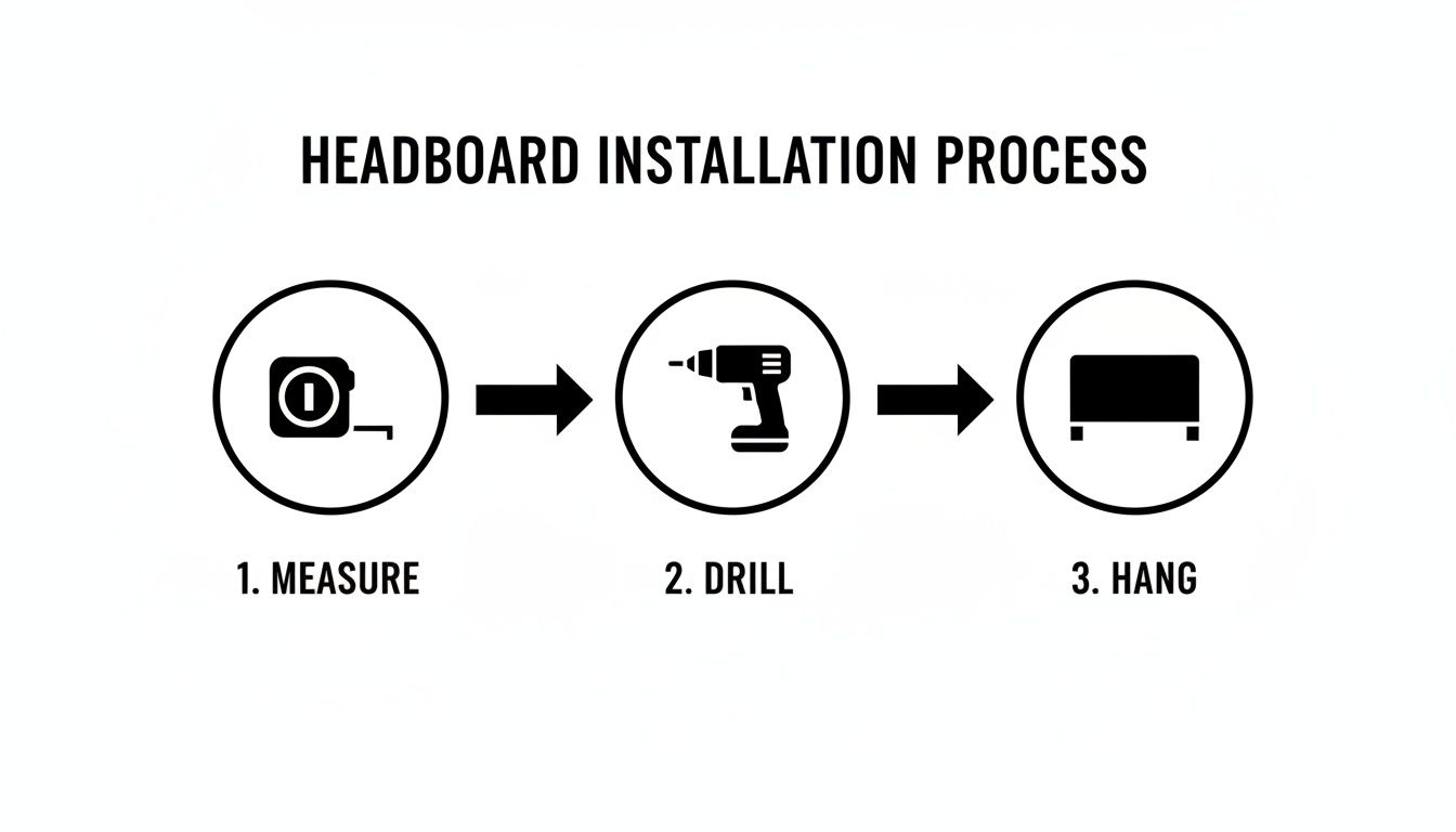 A visual guide illustrating the headboard installation process: measure, drill, and hang steps.