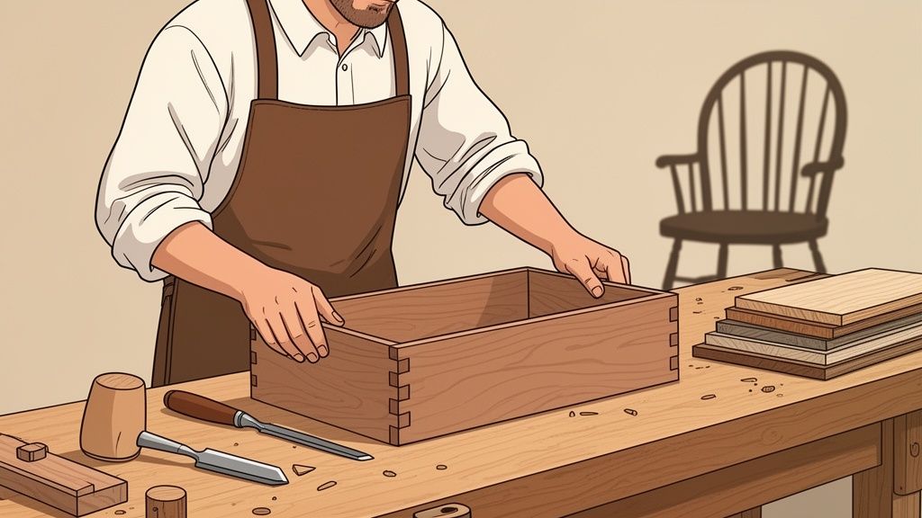 A craftsman in an apron assembling a wooden box with dovetail joints on a workbench with tools.