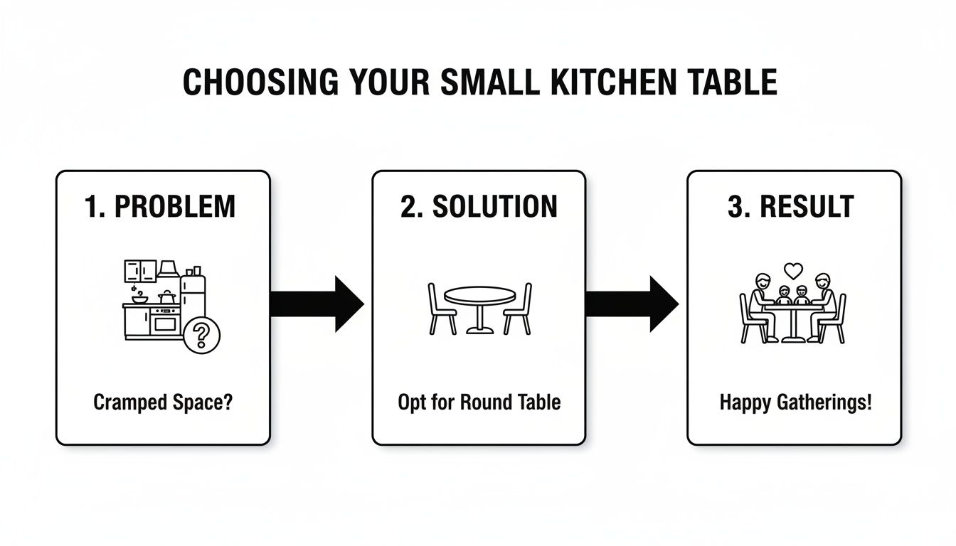 Flowchart detailing the benefits of a round table for small kitchens, leading to happy gatherings.