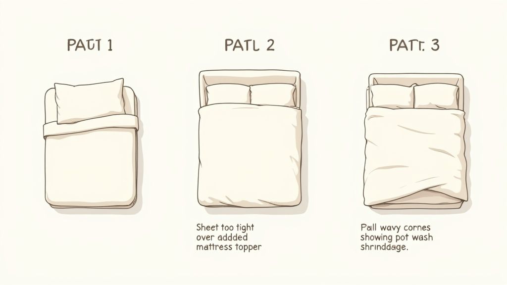 Three illustrations showing common fitted sheet problems: single bed, tight sheet over topper, and pulled corners from shrinkage