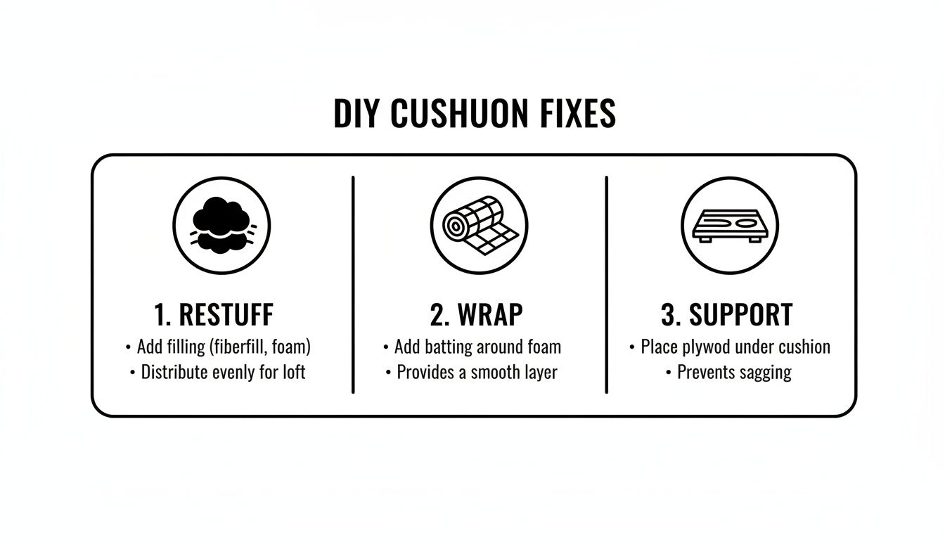 Diagram illustrating three DIY methods to fix sagging sofa cushions: restuff, wrap, and add support.