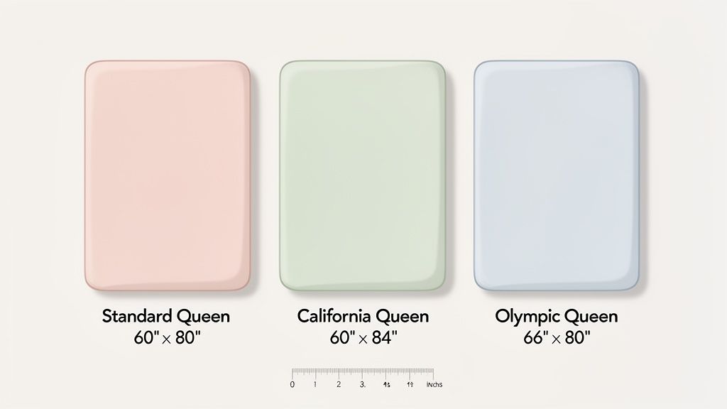 Three queen mattress sizes: Standard (60"x80"), California (60"x84"), and Olympic (66"x80") on display.