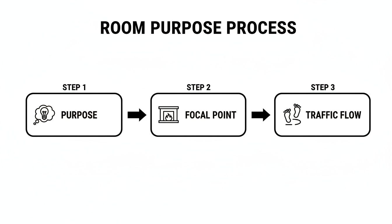 A flowchart illustrating the three-step room purpose process: Purpose, Focal Point, and Traffic Flow.