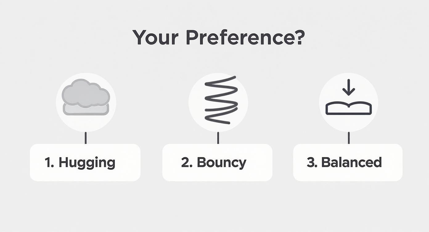 Three options for mattress preference: 1. Hugging (cloud), 2. Bouncy (spring), 3. Balanced (book with arrow).