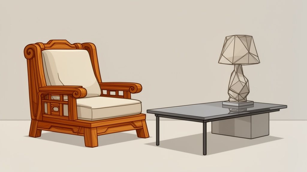 A stylish wooden armchair with cream cushions sits next to a modern glass coffee table with a geometric lamp.