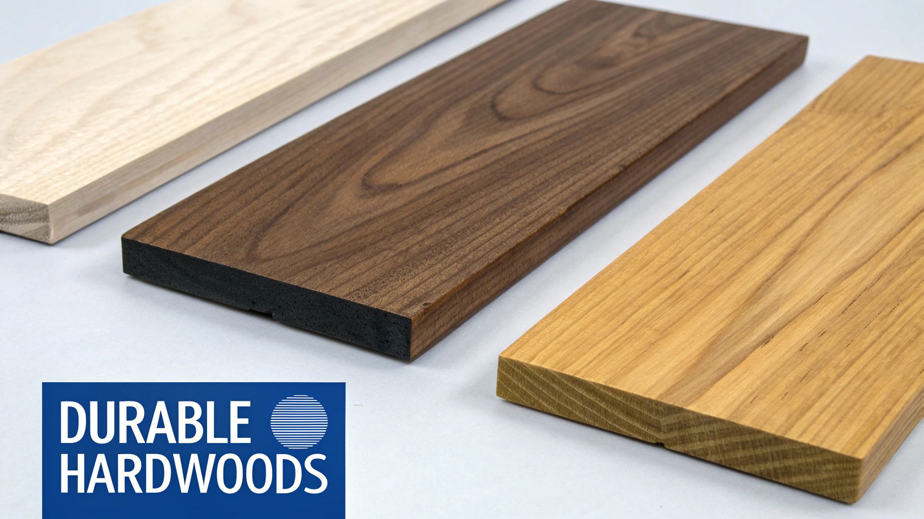Three durable hardwood planks in light, medium, and dark tones, showcasing natural wood grains.