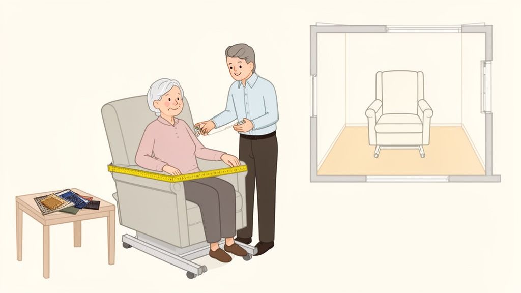 A man measures an elderly woman seated in a recliner, with fabric samples nearby and a room diagram.