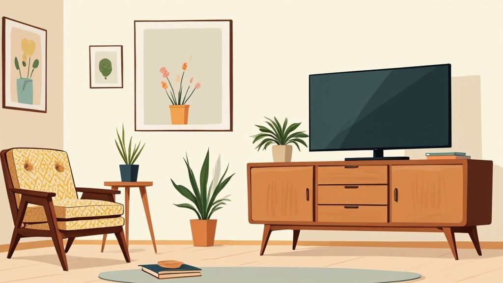 A cozy living room featuring upcycled furniture including a mid-century modern armchair and TV console.