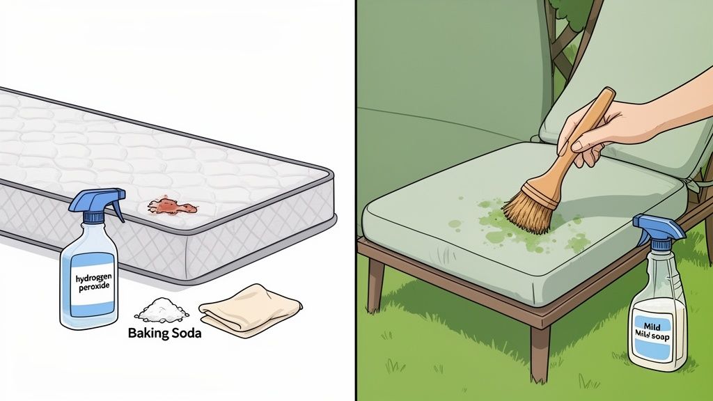 Two images showing how to clean furniture; one for a mattress stain, another for an outdoor cushion.