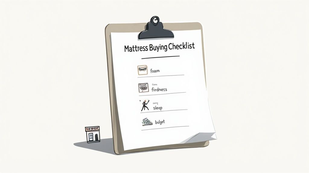 A person testing a mattress by pressing their hand into it in a showroom.