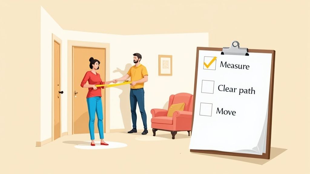 A couple measures a room with a tape measure, checking off 'Measure' on a checklist.