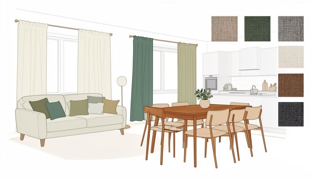 Illustration of an open-plan living room and dining area with fabric swatches.