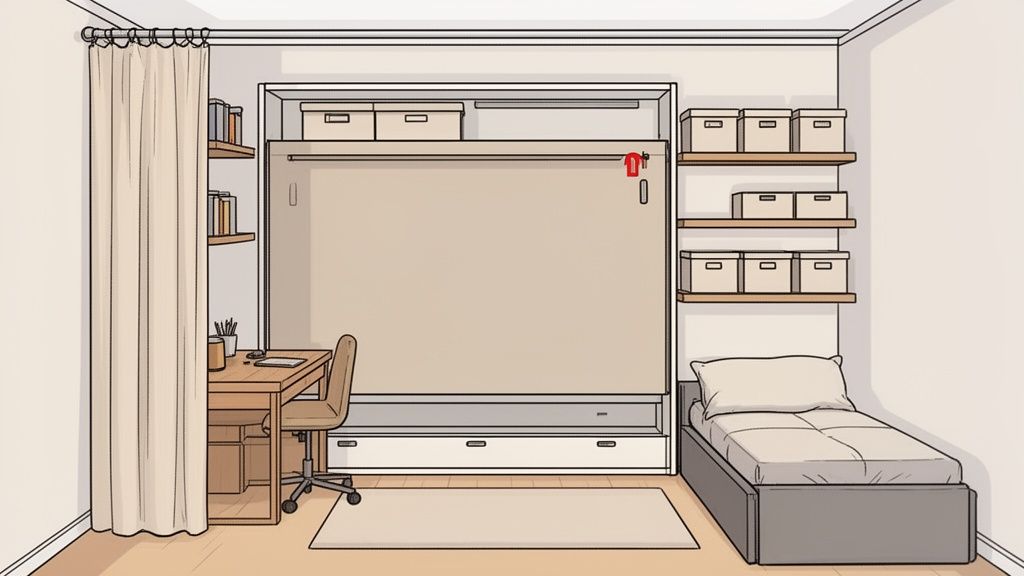 A compact room features a folding wall bed, a small desk with a chair, and shelving units.