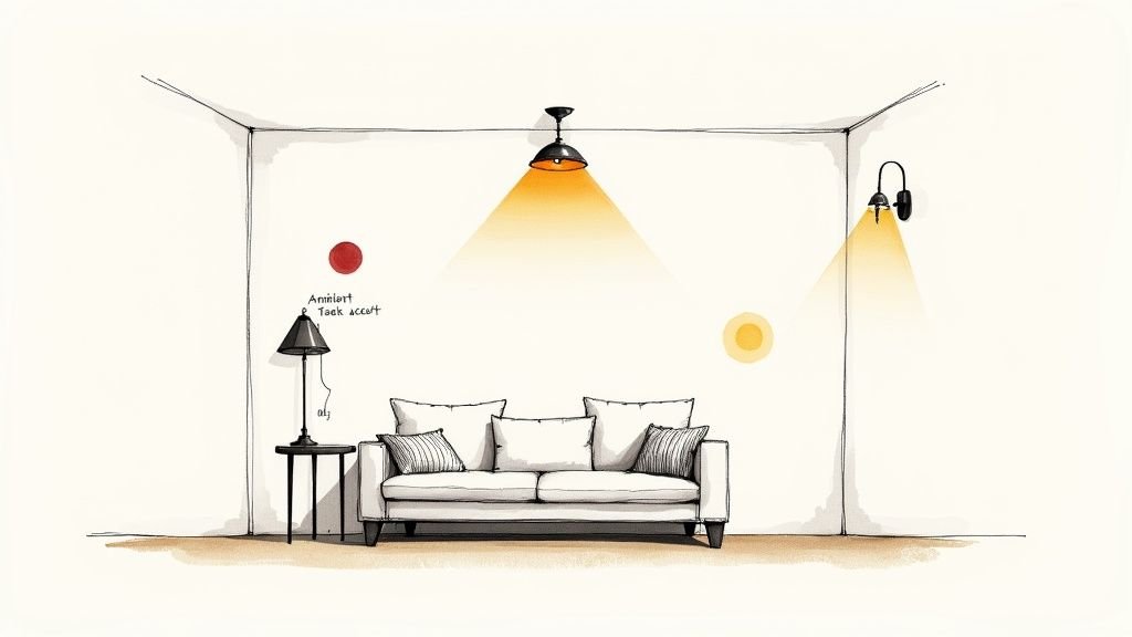 Illustration showing different types of lighting in a living room: ambient, task, and accent.