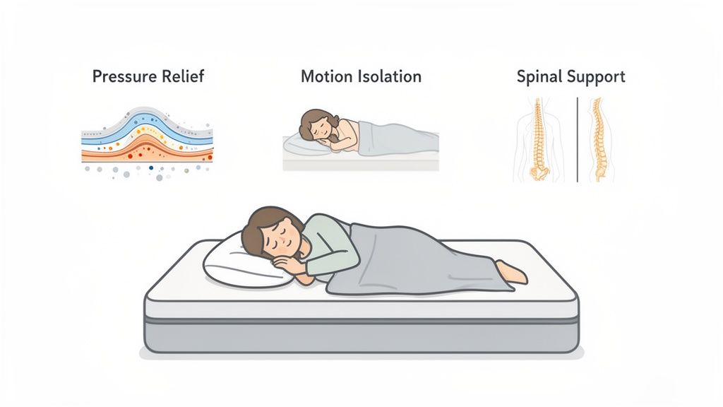 A graphic explaining mattress benefits: pressure relief, motion isolation, and proper spinal support for sleep.