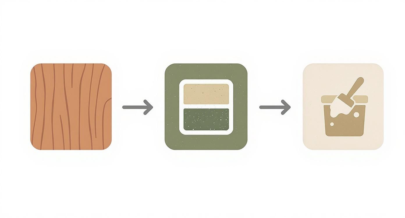 A three-step diagram showing a wood plank, color selection, and paint application process.