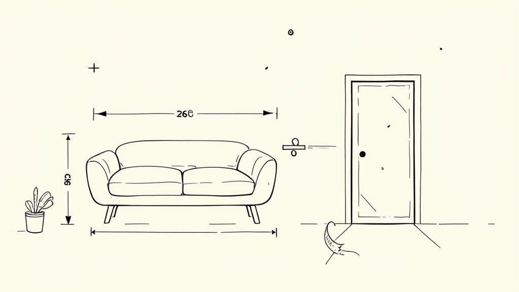 Line drawing of a sofa with its dimensions (height and width) next to a door, illustrating furniture measurement.
