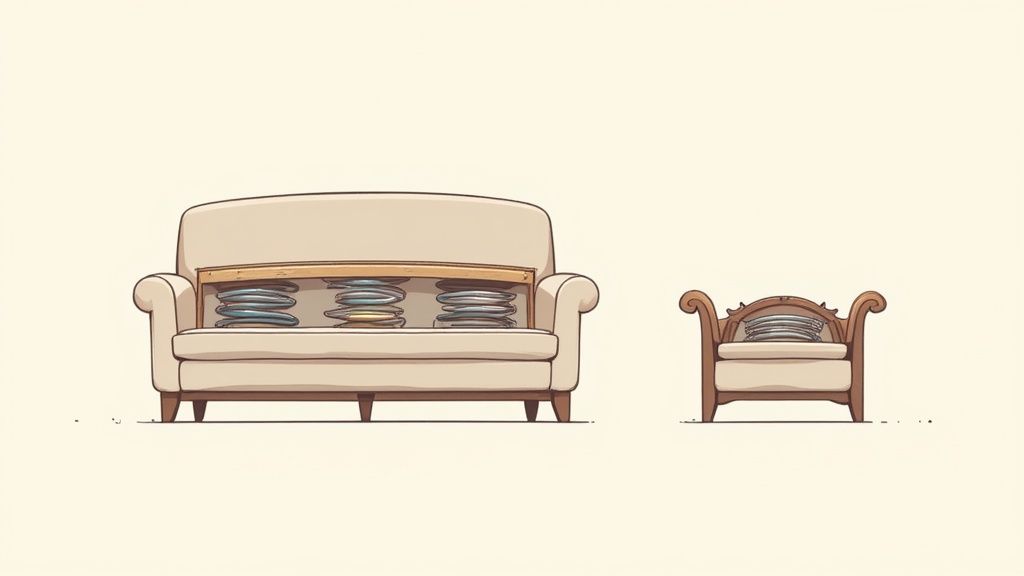 A whimsical illustration showing a sofa and armchair with stacks of plates replacing their springs.