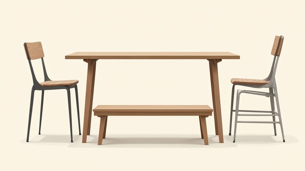 A cozy dining nook with a wooden bench tucked under a rectangular table, maximizing the small space.