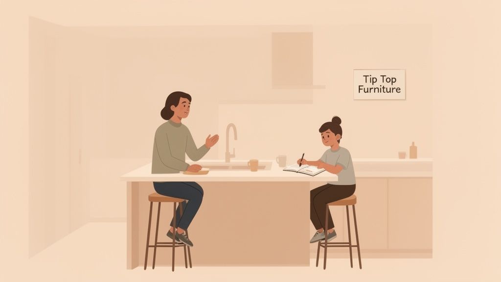 An adult talking to a child doing homework at a kitchen island with bar stools.