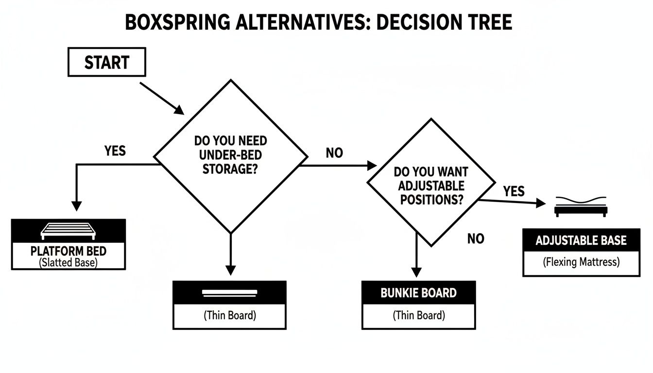 Decision tree diagram for boxspring alternatives, guiding choices between platform bed, bunkie board, and adjustable base.