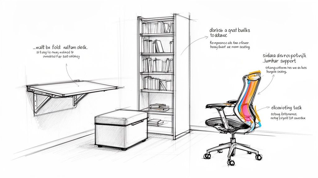 A detailed sketch of small home office furniture including a fold-down desk, bookshelf, and ergonomic chair.
