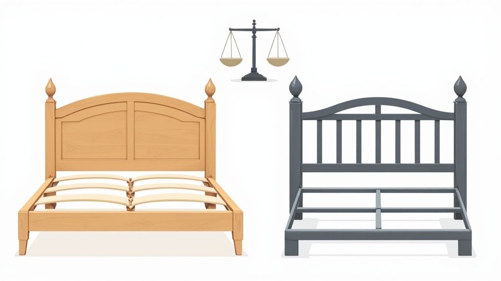 A solid wood bed frame in a cozy, well-lit bedroom.