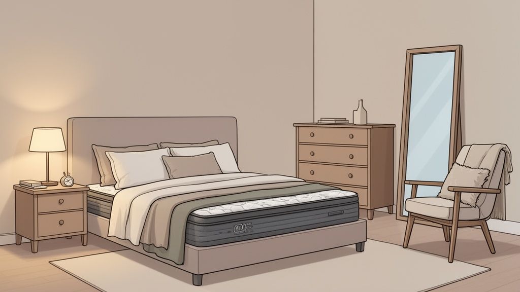 A modern bedroom with a bed, nightstand, lamp, dresser, full-length mirror, and armchair.