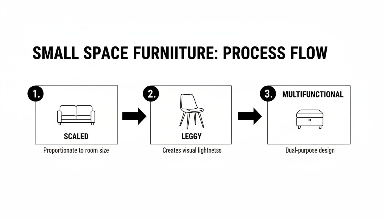Process flow diagram showing principles for small space furniture: scaled, leggy, and multifunctional designs.