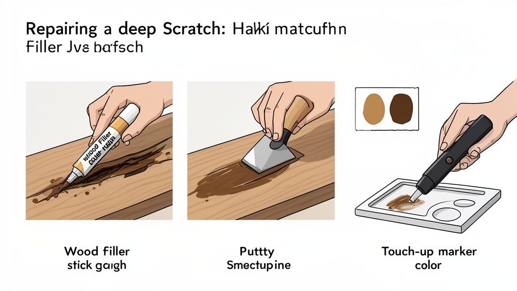 Three steps illustrating how to repair a deep scratch on wood using filler, putty, and a touch-up marker.
