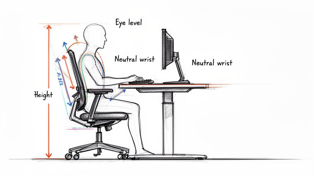 A diagram illustrating proper ergonomic posture for sitting at a desk with a monitor and keyboard.