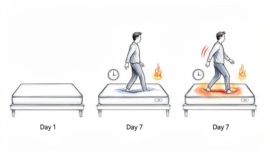 Illustration showing a new firm mattress on Day 1, then a mattress with indentations and heat on Day 7 from a person walking on it.