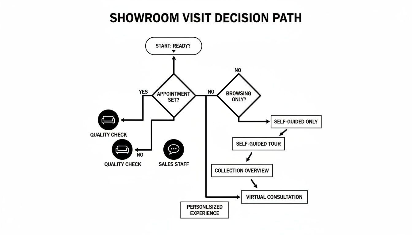 Flowchart detailing a showroom visit decision path, including options for appointments and self-guided browsing.