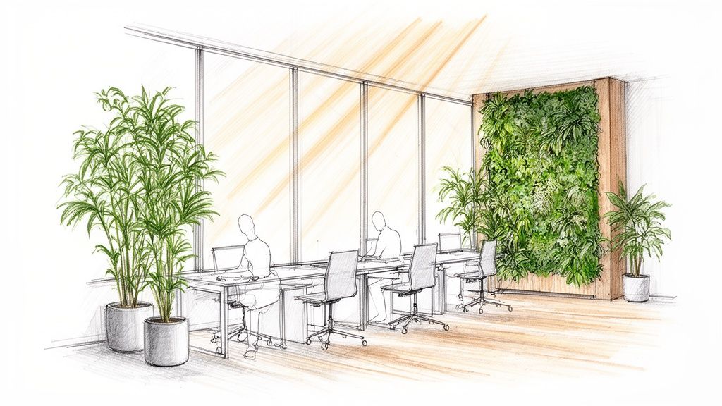 Architectural sketch depicting a modern small office layout with individual desks, large windows, and an impressive living wall.